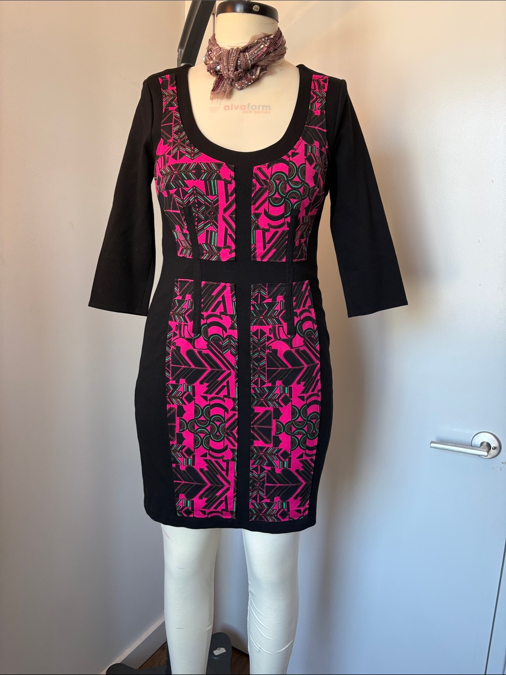 Plenty By Tracy Reese Black Mini Dress With Bright Pink Geometric Panels